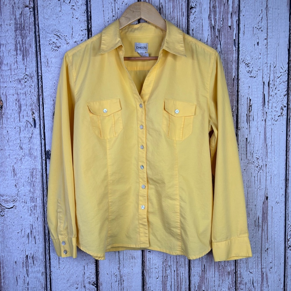 Chico’s 2 Large Women’s Yellow Button Down Shirt Cotton Blend Collared Pockets